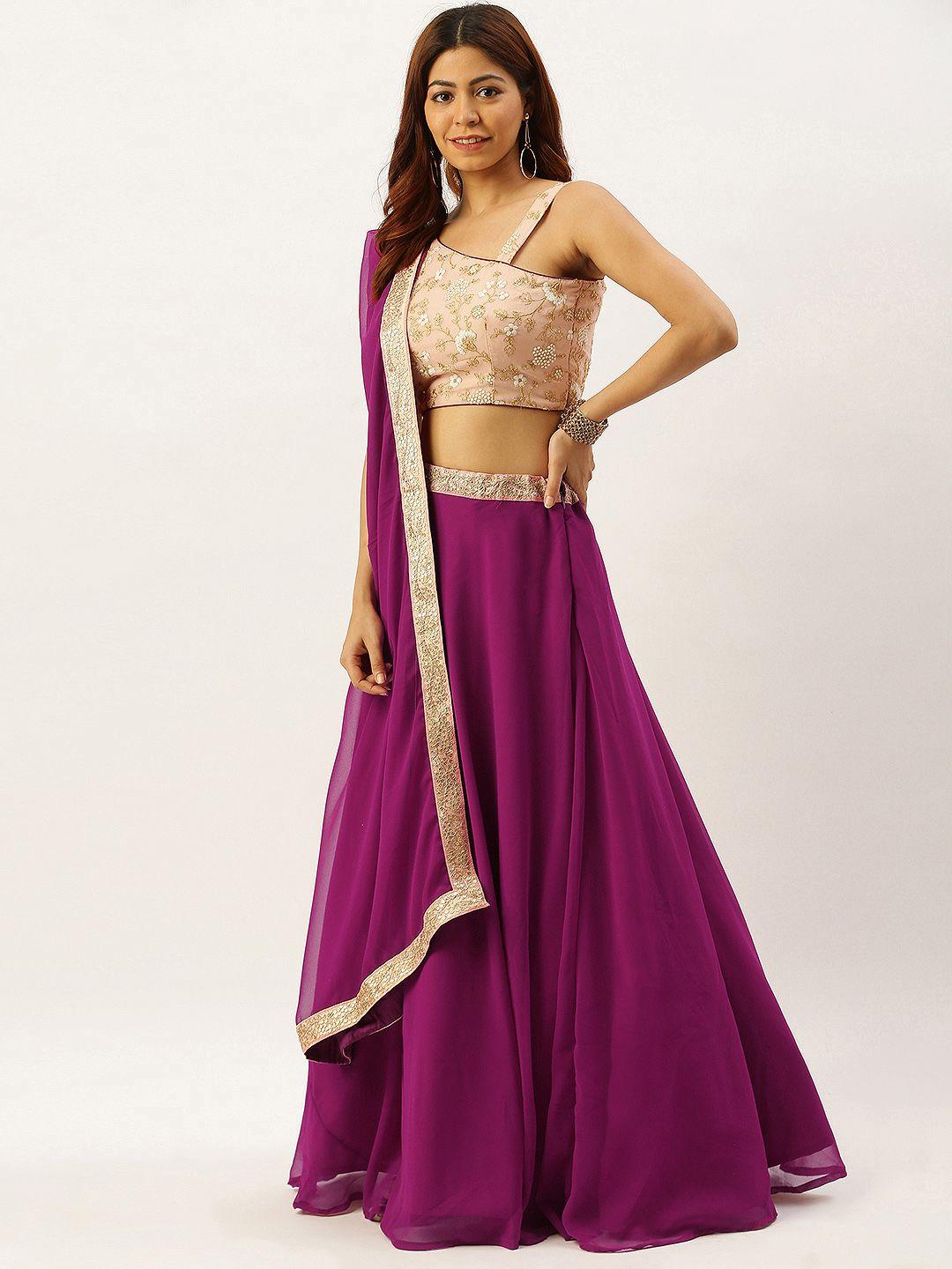 ethnovog purple  cream solid made to measure lehenga  blouse with dupatta