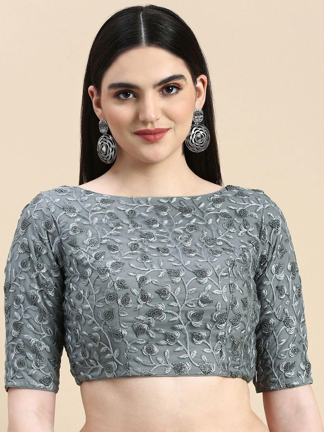 ethnovog ready to wear grey embroidered net blouse with keyhole