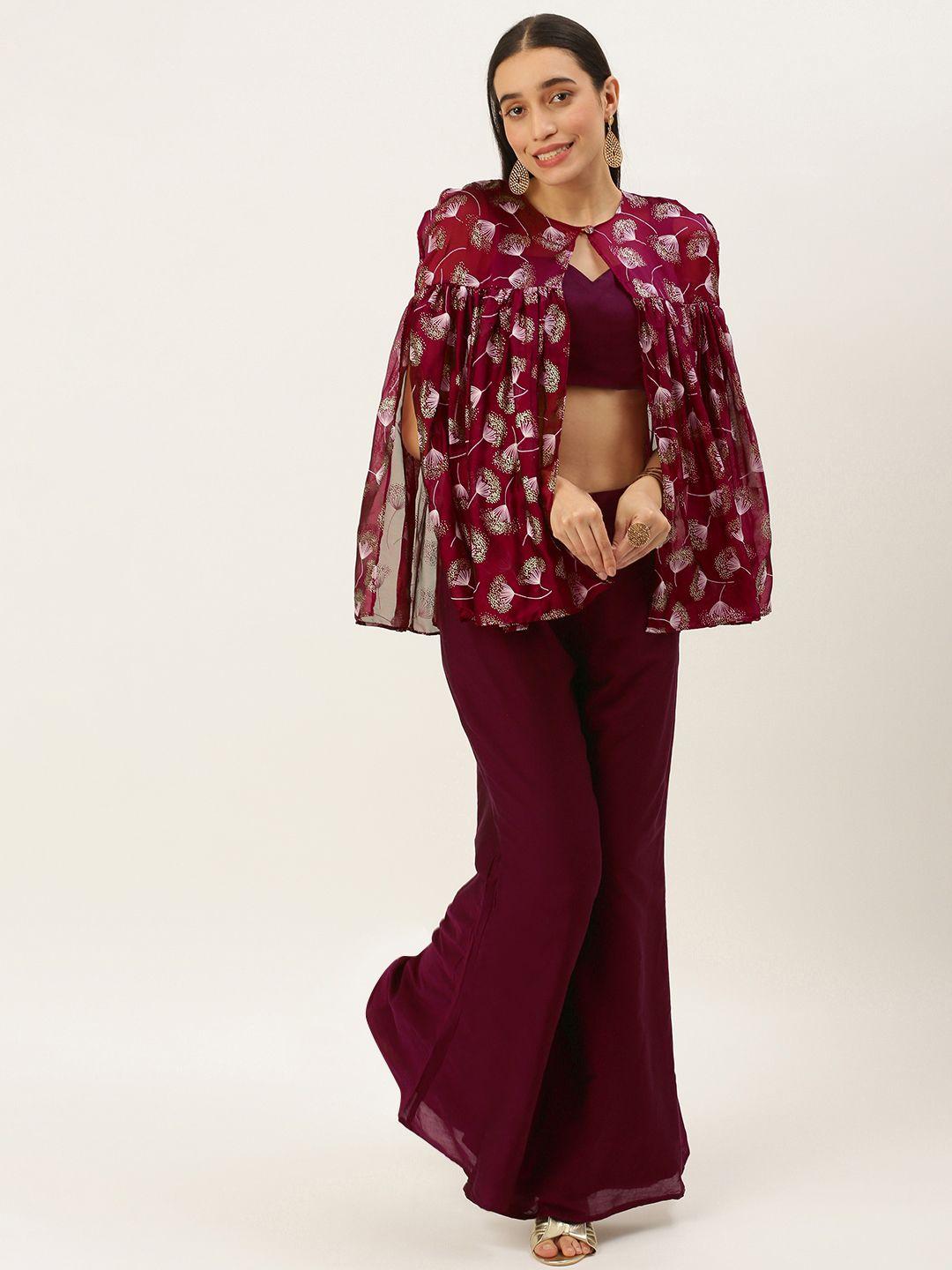 ethnovog ready to wear maroon foil printed co ords sets with cape