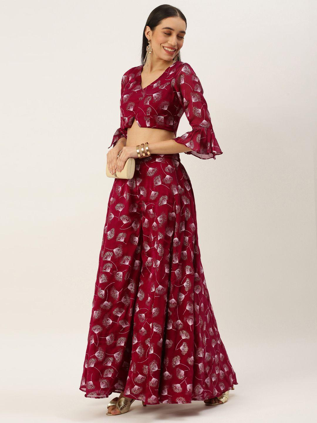 ethnovog ready to wear maroon satin blend foil printed co ords set