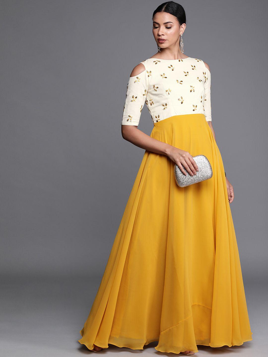 ethnovog ready to wear yellow embroidered boat neckline gown