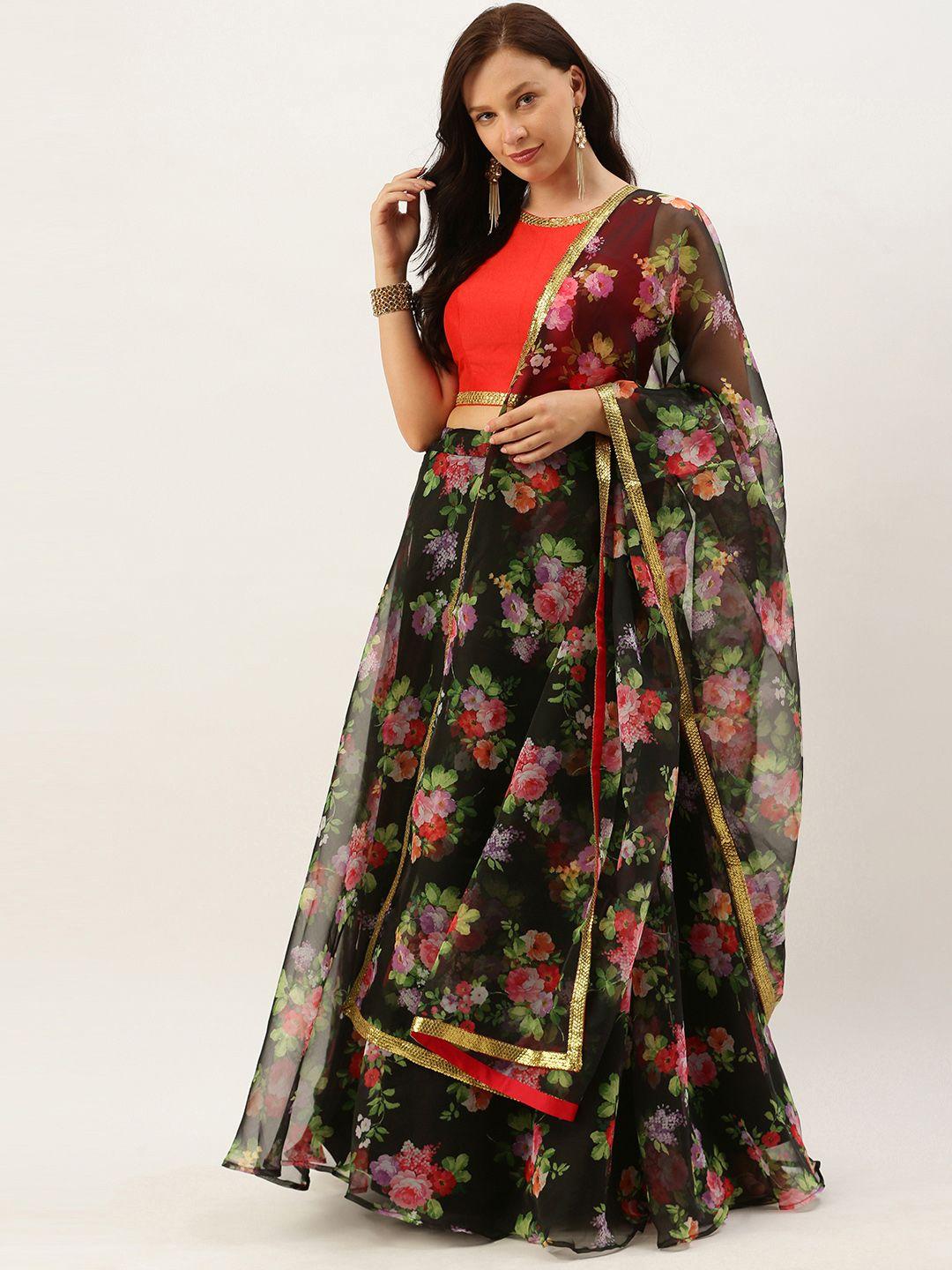 ethnovog red  black solid made to measure lehenga  blouse with dupatta