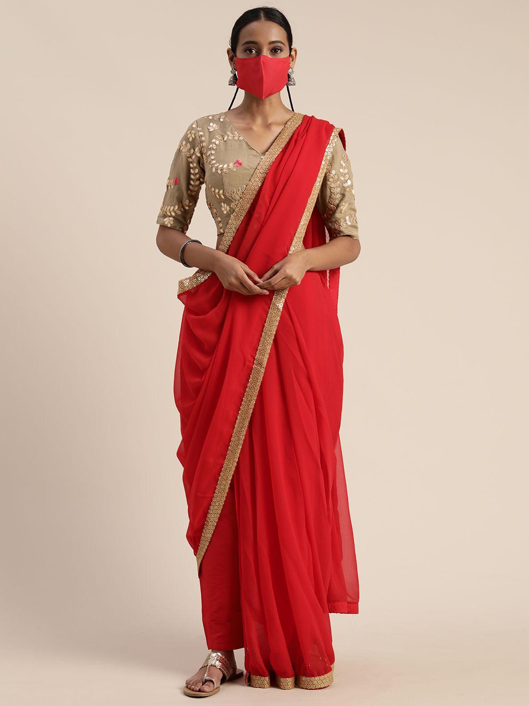 ethnovog red  gold-toned viscose rayon solid saree