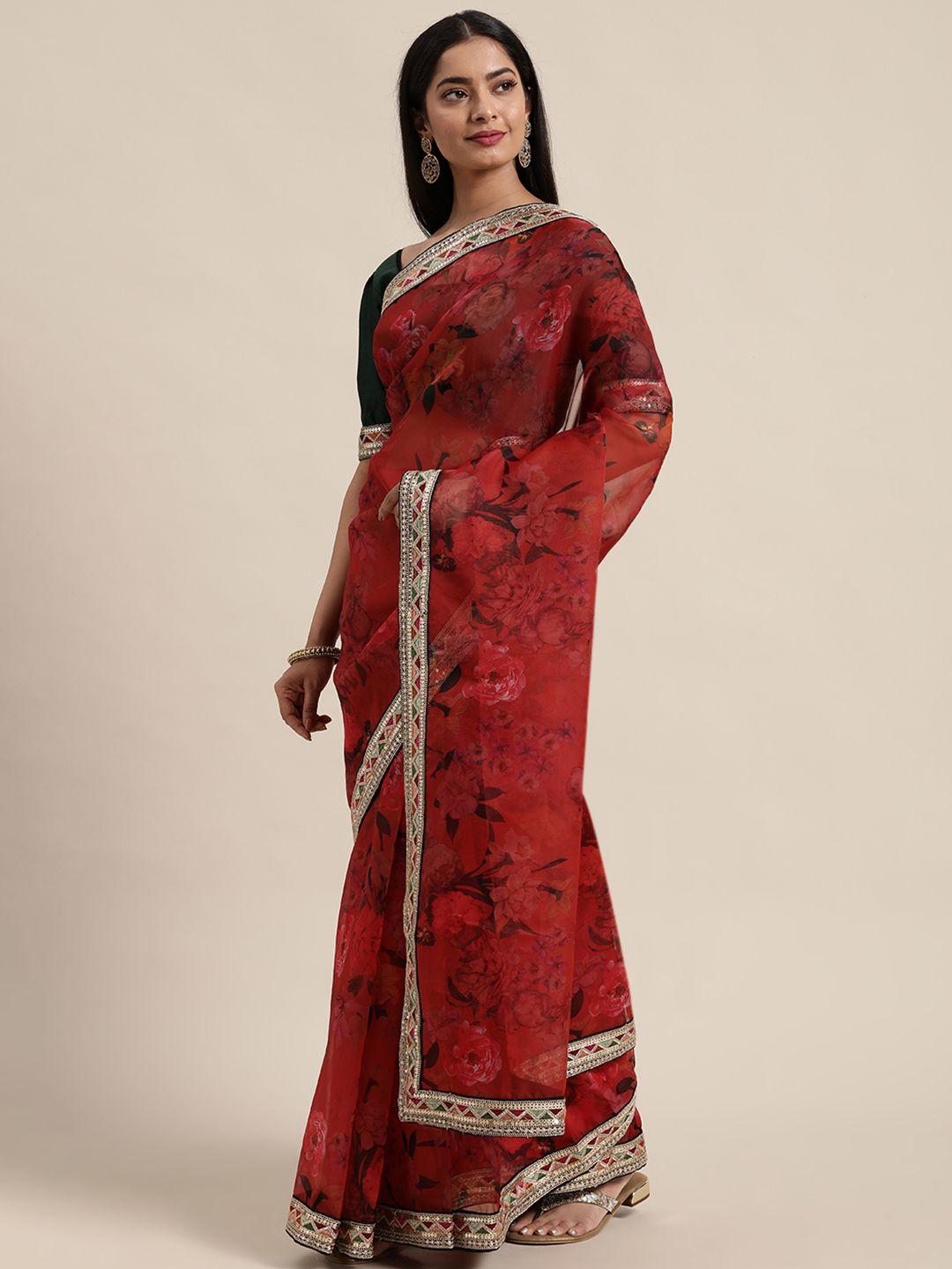 ethnovog red  green floral print organza saree