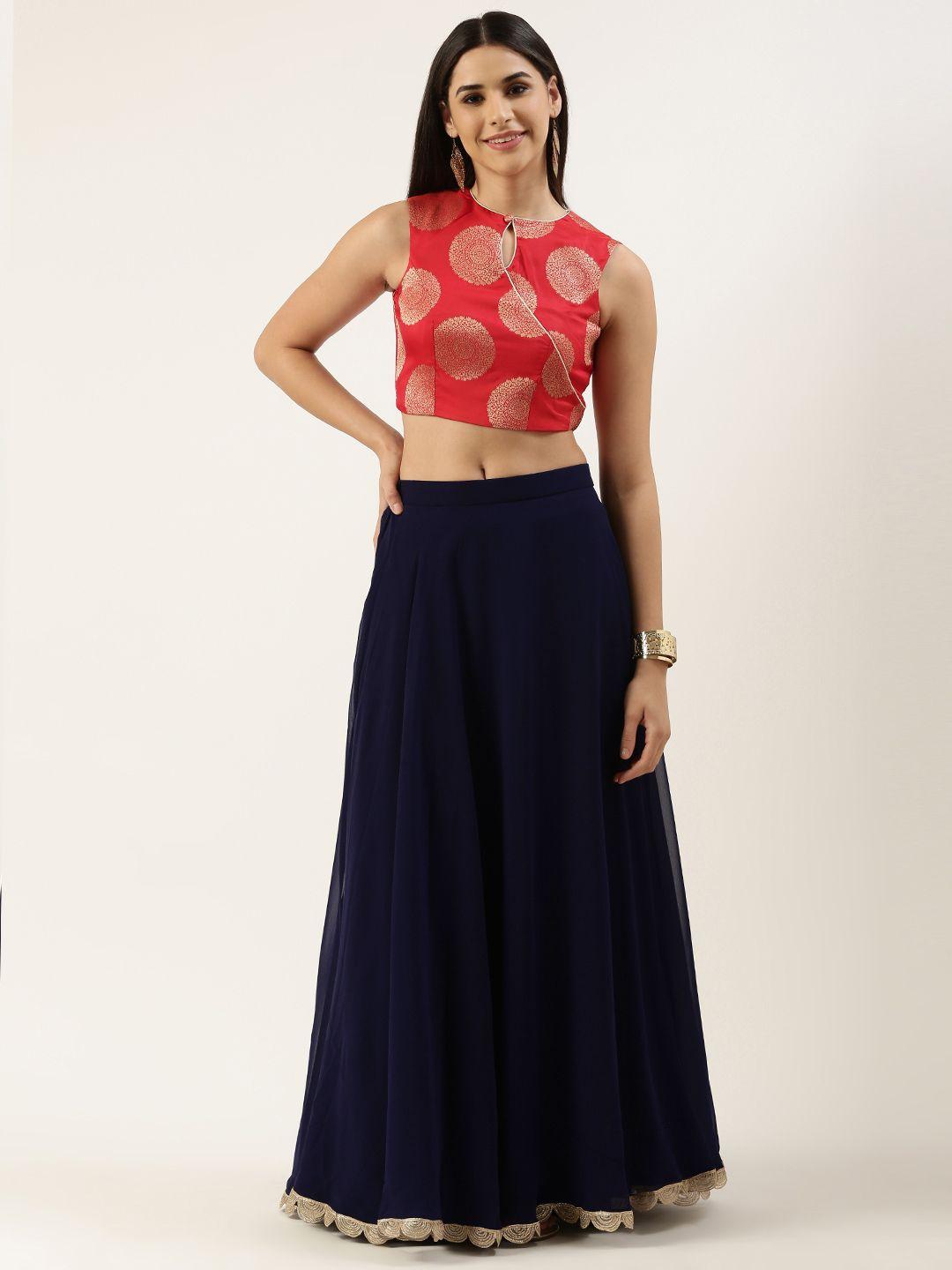 ethnovog red  navy blue embroidered ready to wear lehenga choli