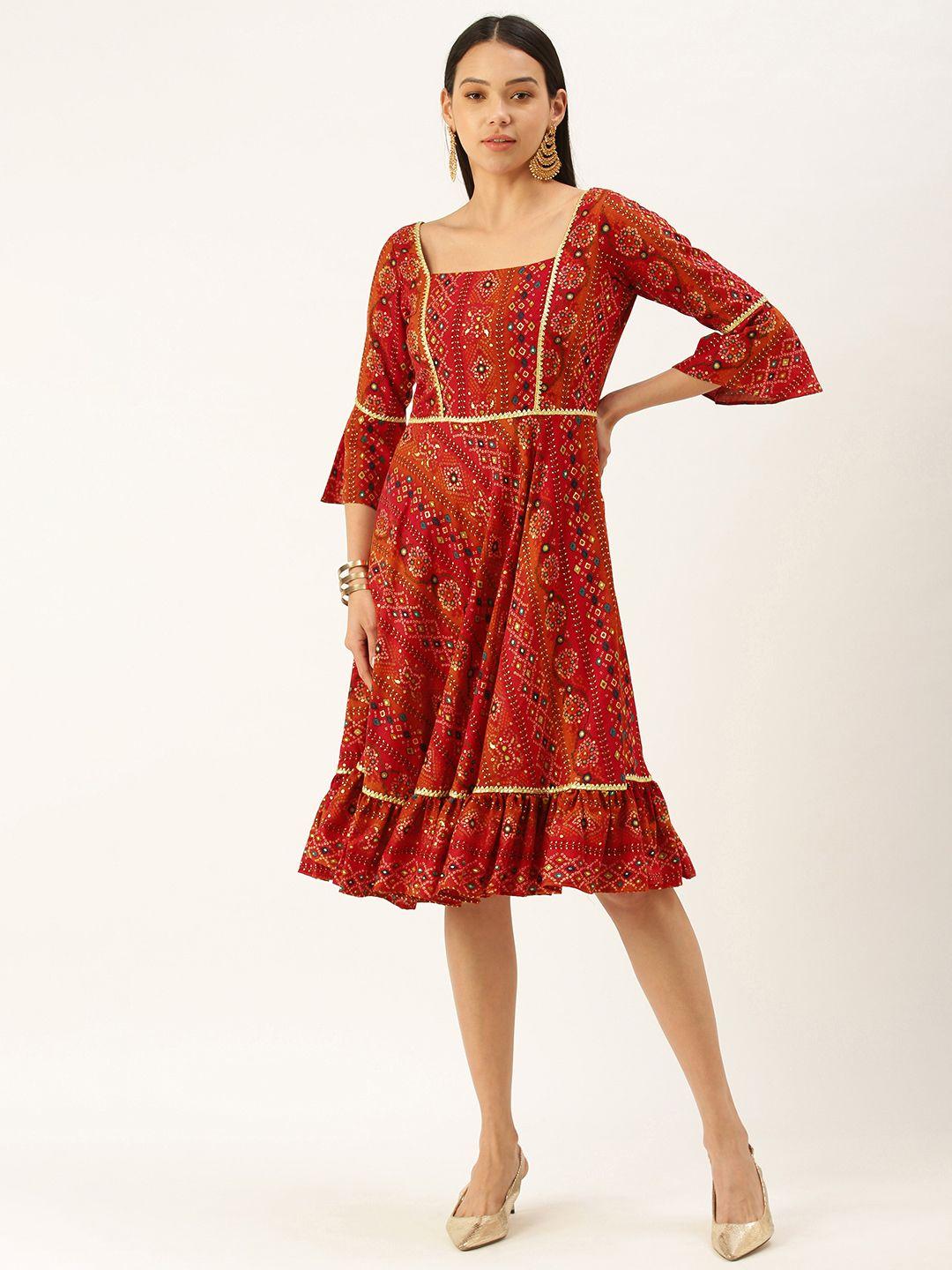 ethnovog red bandhani print made to measure a-line dress