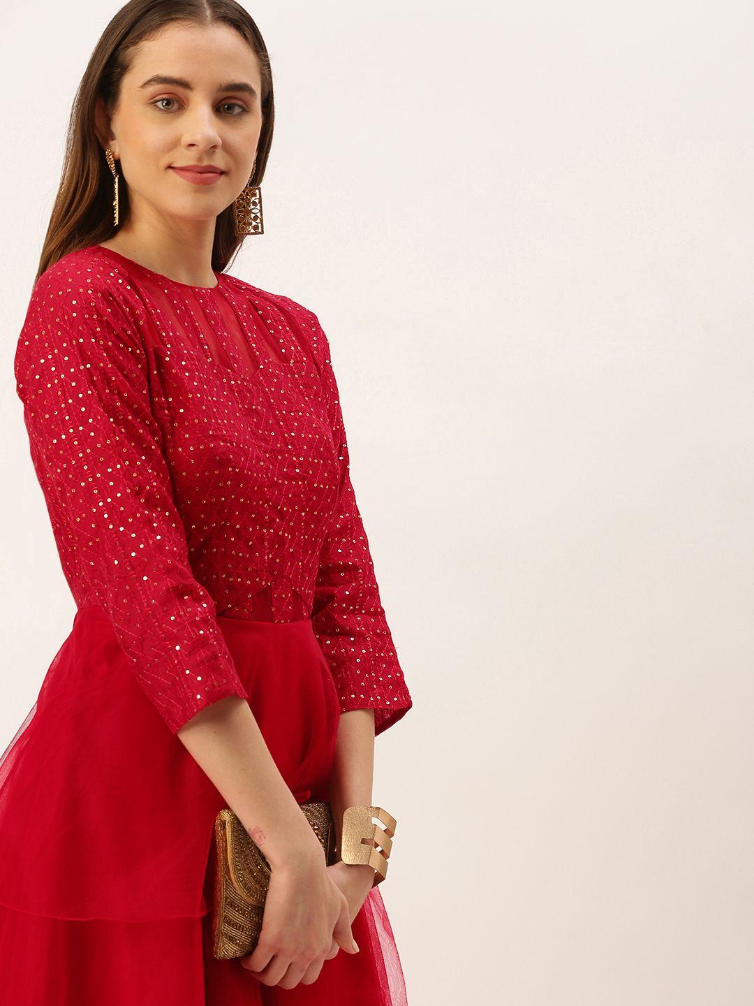 ethnovog red embellished net maxi dress