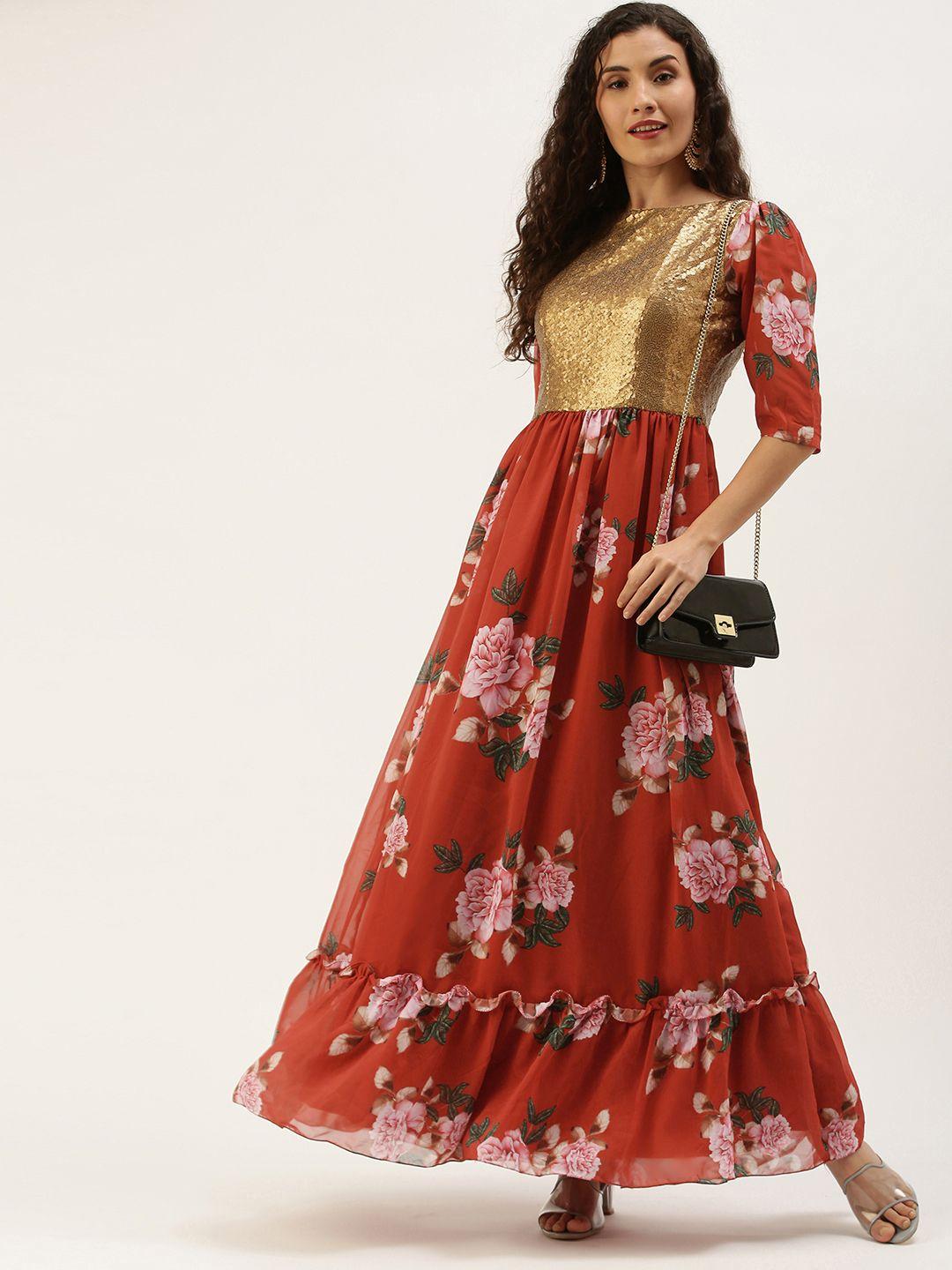 ethnovog rust orange  gold-toned floral layered flared hem georgette maxi dress