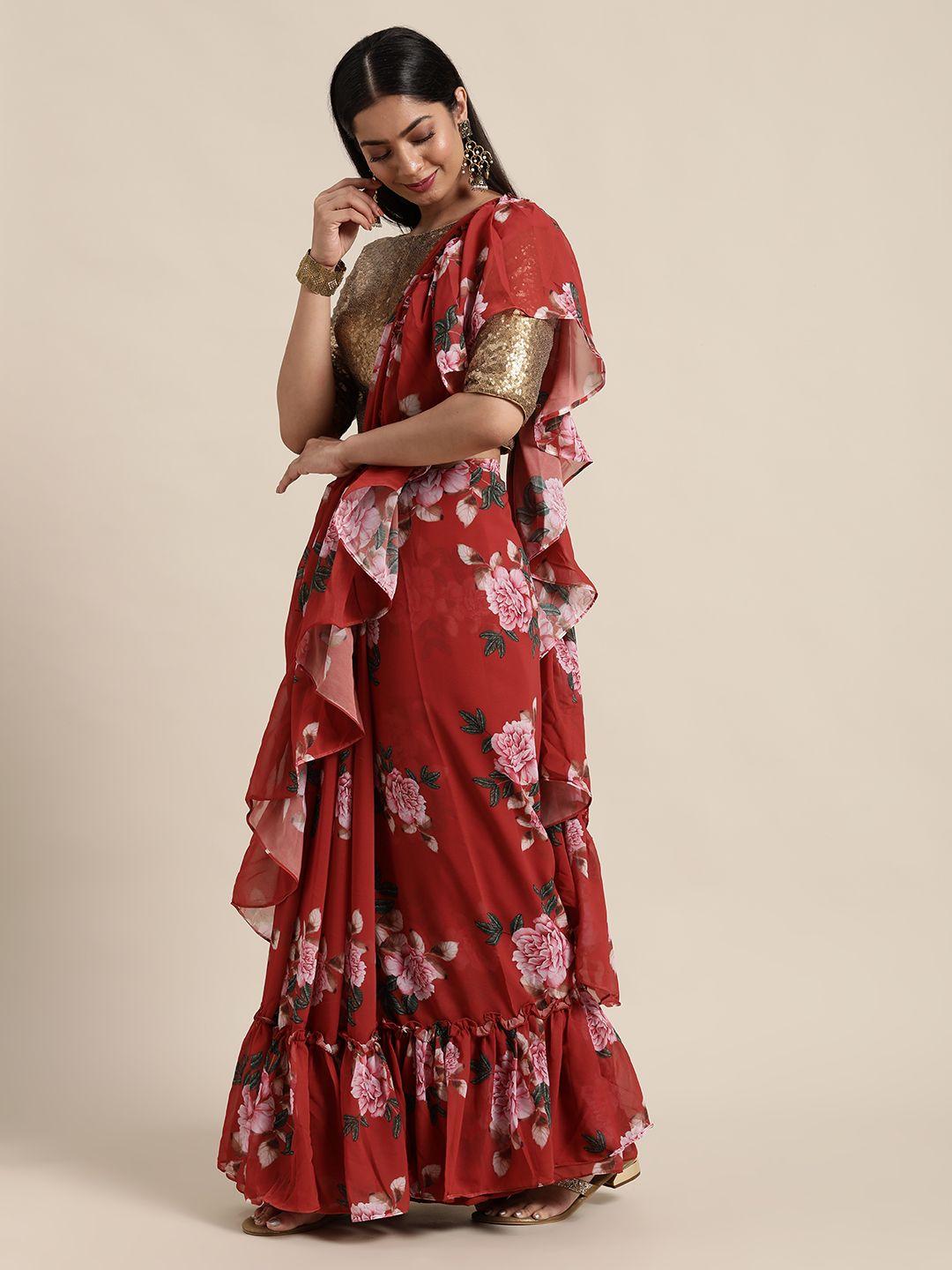 ethnovog rust red floral made to measure ruffles saree