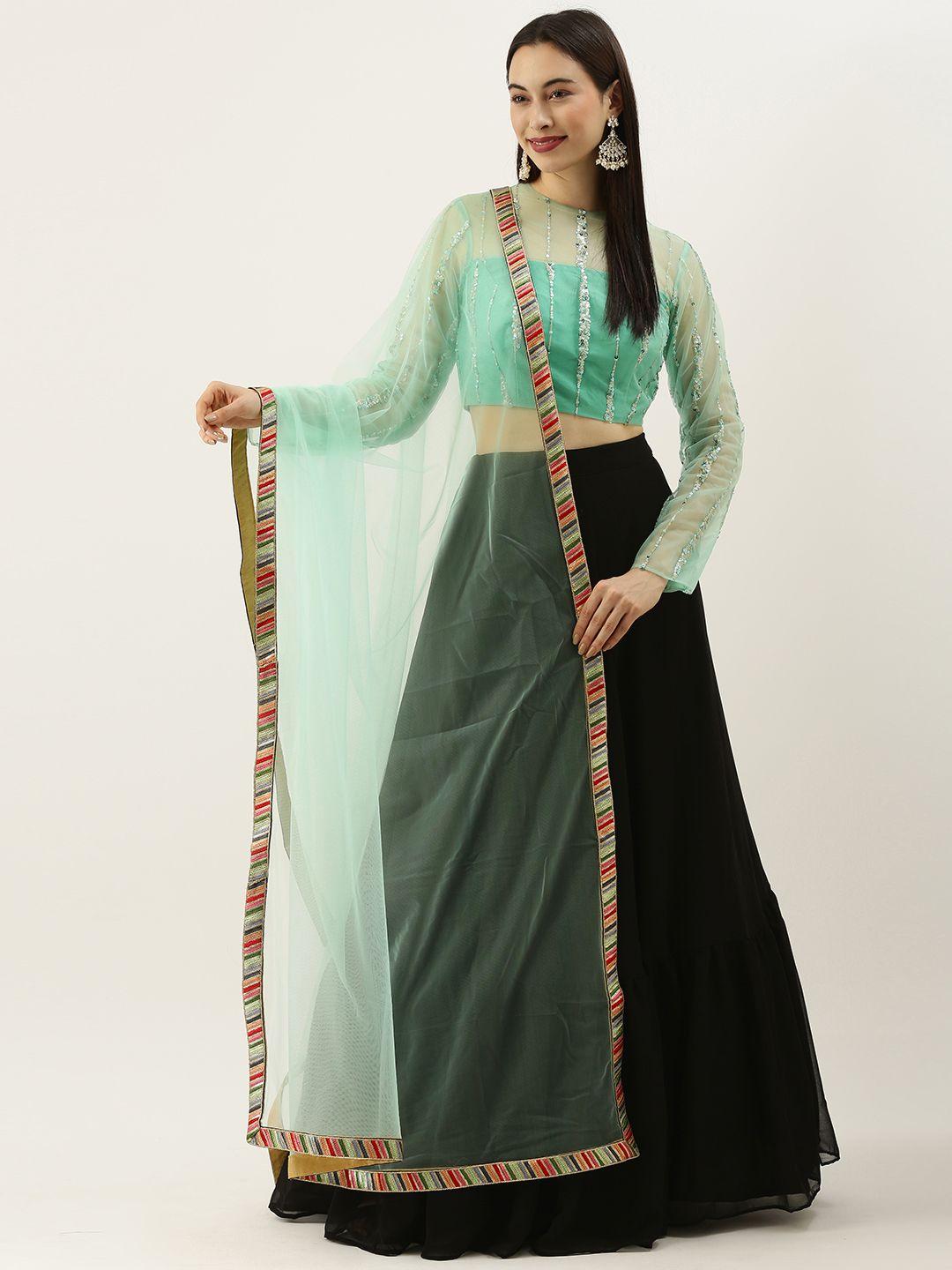 ethnovog sea green  black embellished sequinned made to measure lehenga  blouse with dupatta