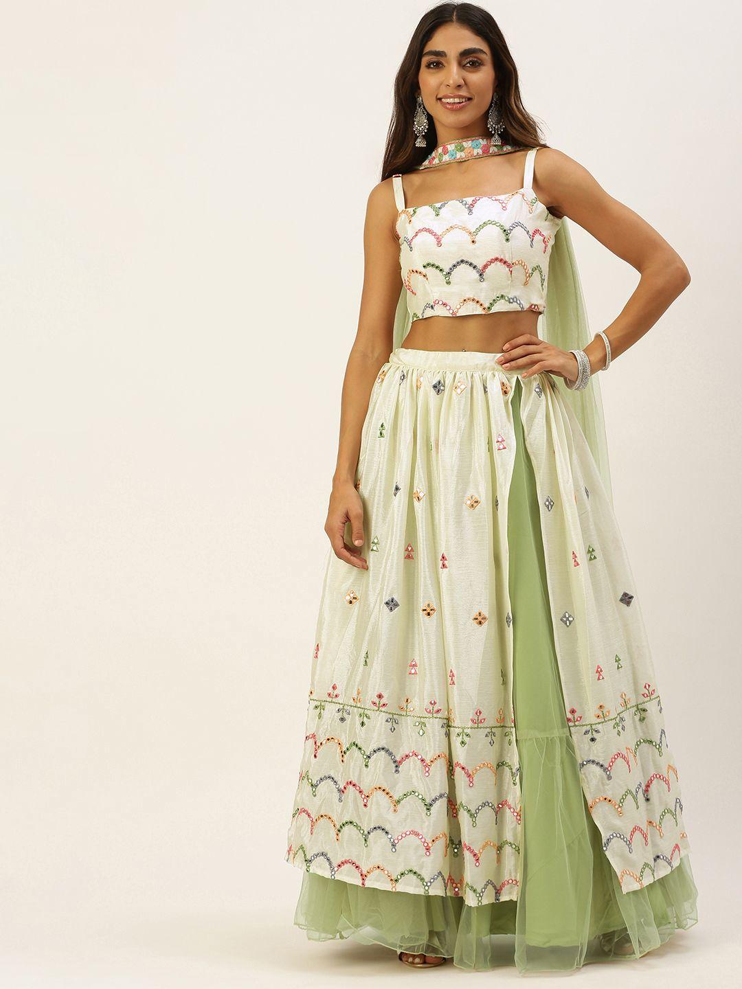 ethnovog sea green embellished ready to wear lehenga  blouse with dupatta  potli bag