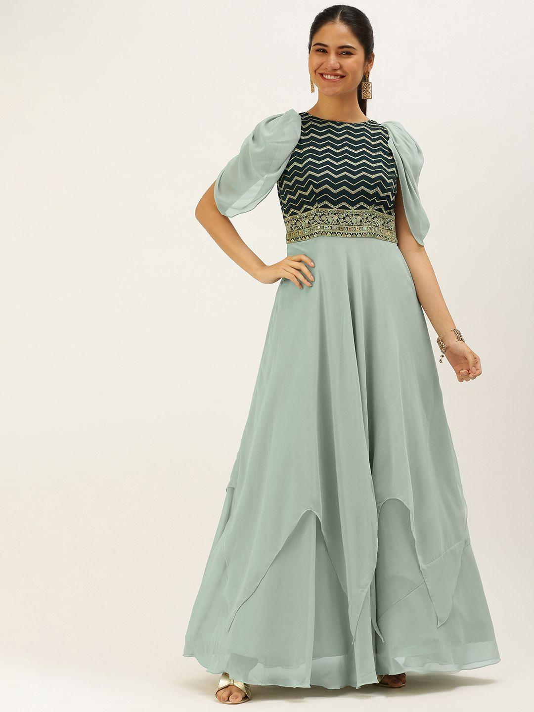 ethnovog sea green embroidered georgette ethnic maxi dress