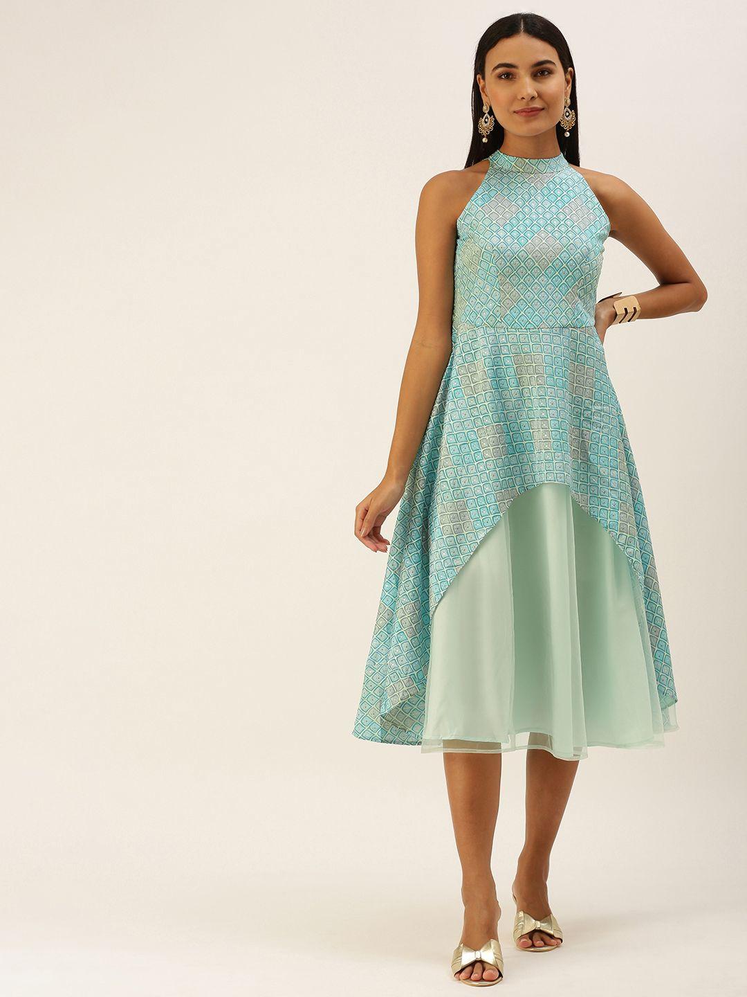 ethnovog turquoise blue layered georgette midi dress