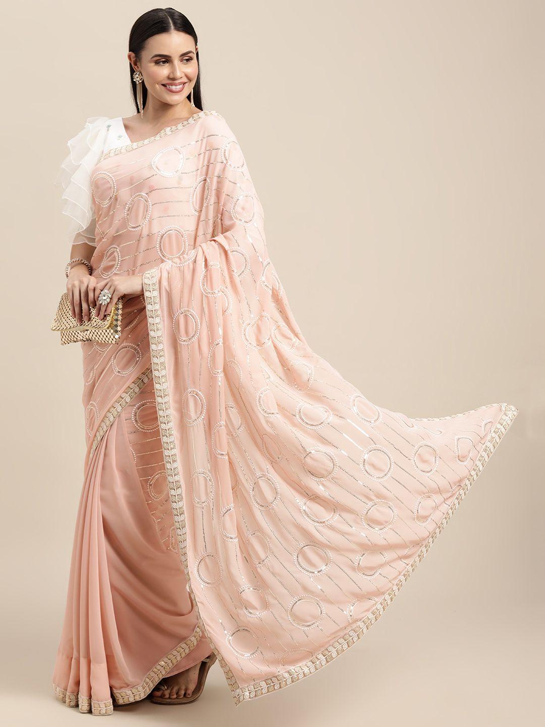 ethnovog white  pink embroidered sequinned saree with stitched ruffled blouse