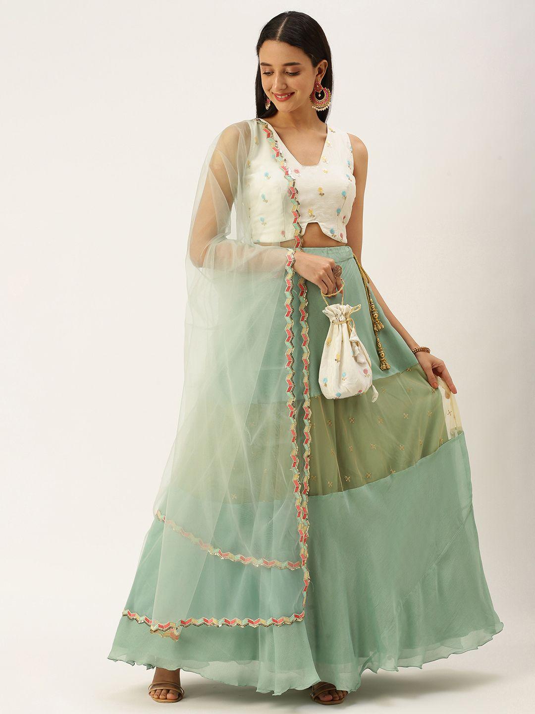 ethnovog white  sea green sequinned ready to wear lehenga  blouse with dupatta  potli bag