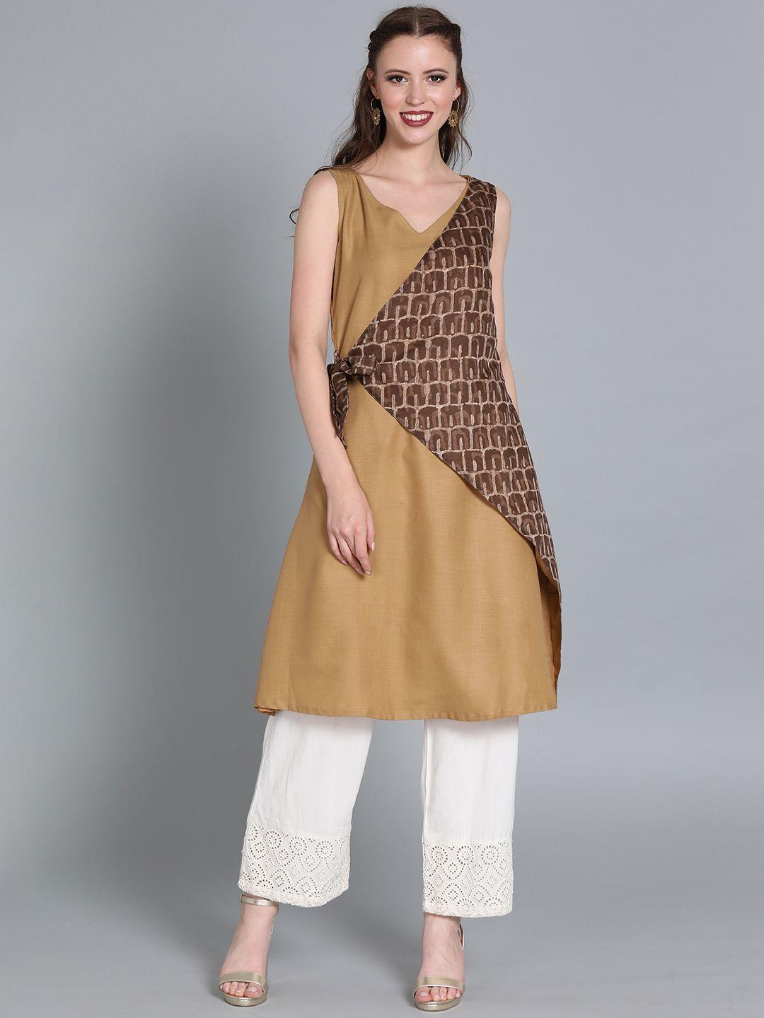 ethnovog women beige  brown printed made to measure a-line layered kurta