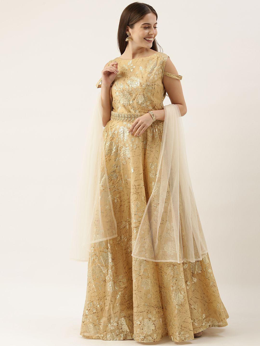 ethnovog women beige foil printed made to measure fit and flare dress with dupatta