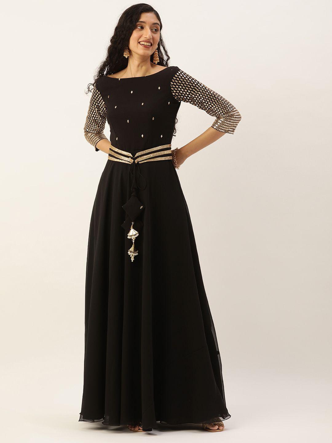 ethnovog women black embroidered sequin detail made to measure floor length gown