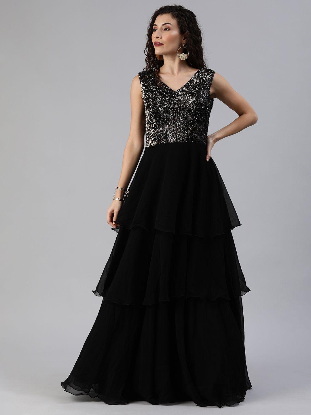 ethnovog women black sequins embellished made to measure cocktail gown dress