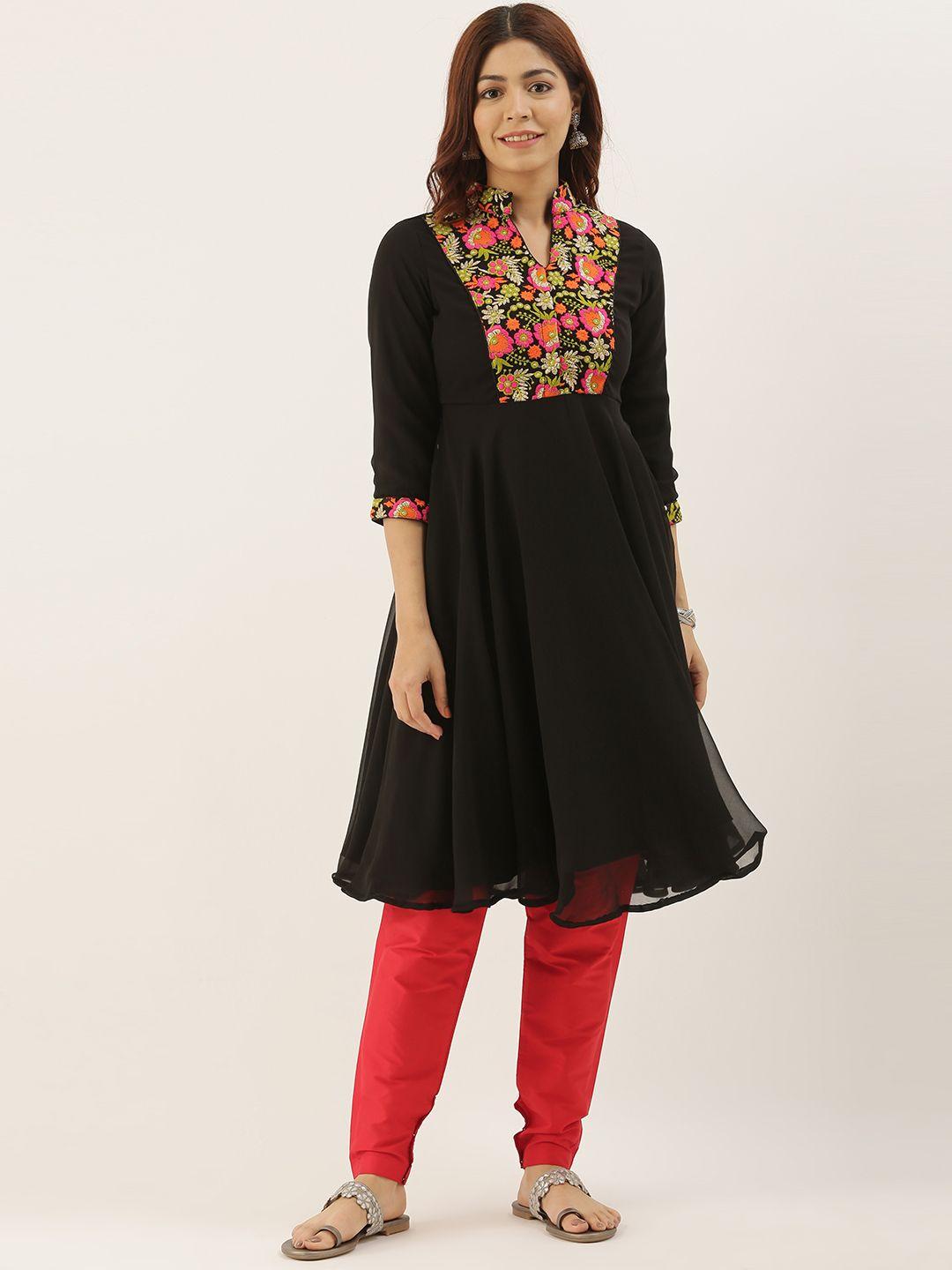 ethnovog women black yoke embroidered made to measure a-line kurta