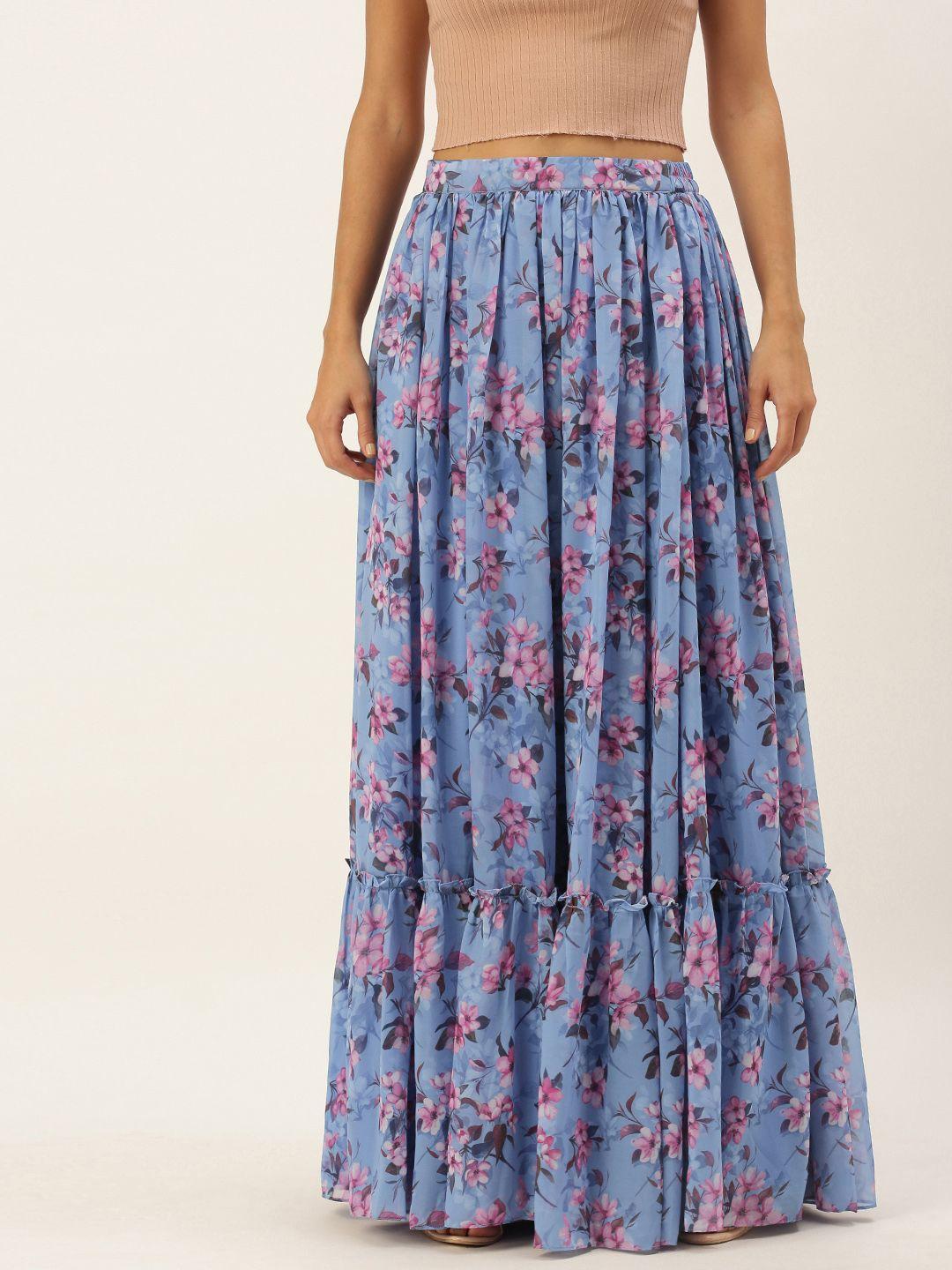 ethnovog women blue  pink made to measure floral digital print maxi tiered skirt