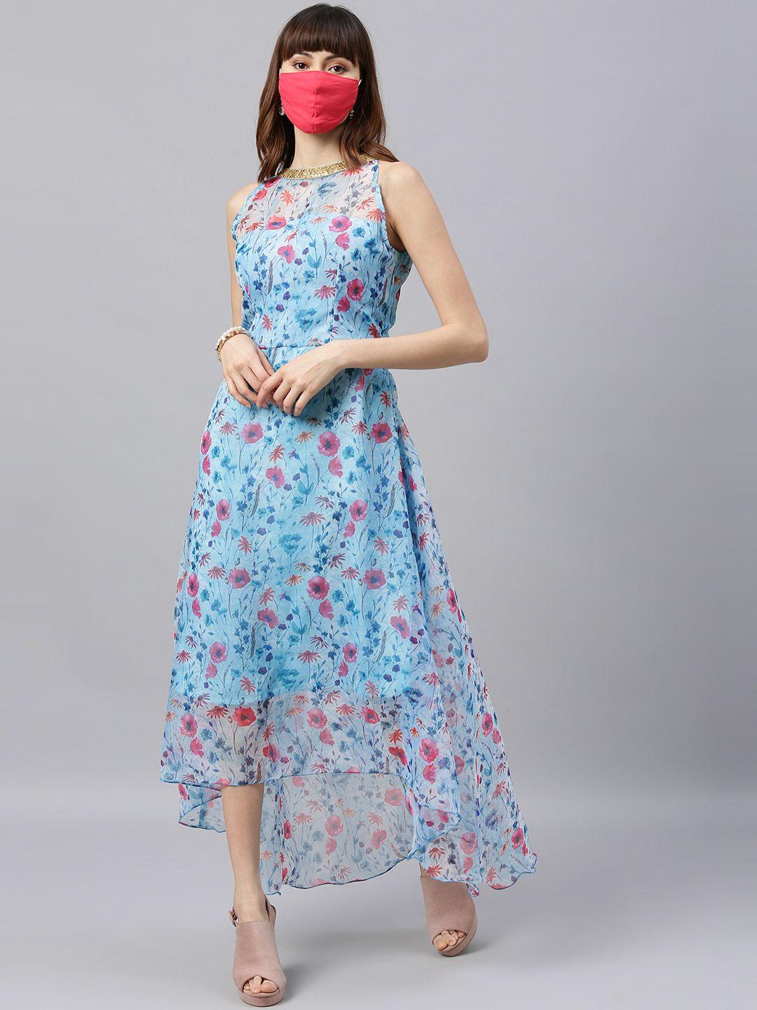 ethnovog women blue printed fit and flare dress
