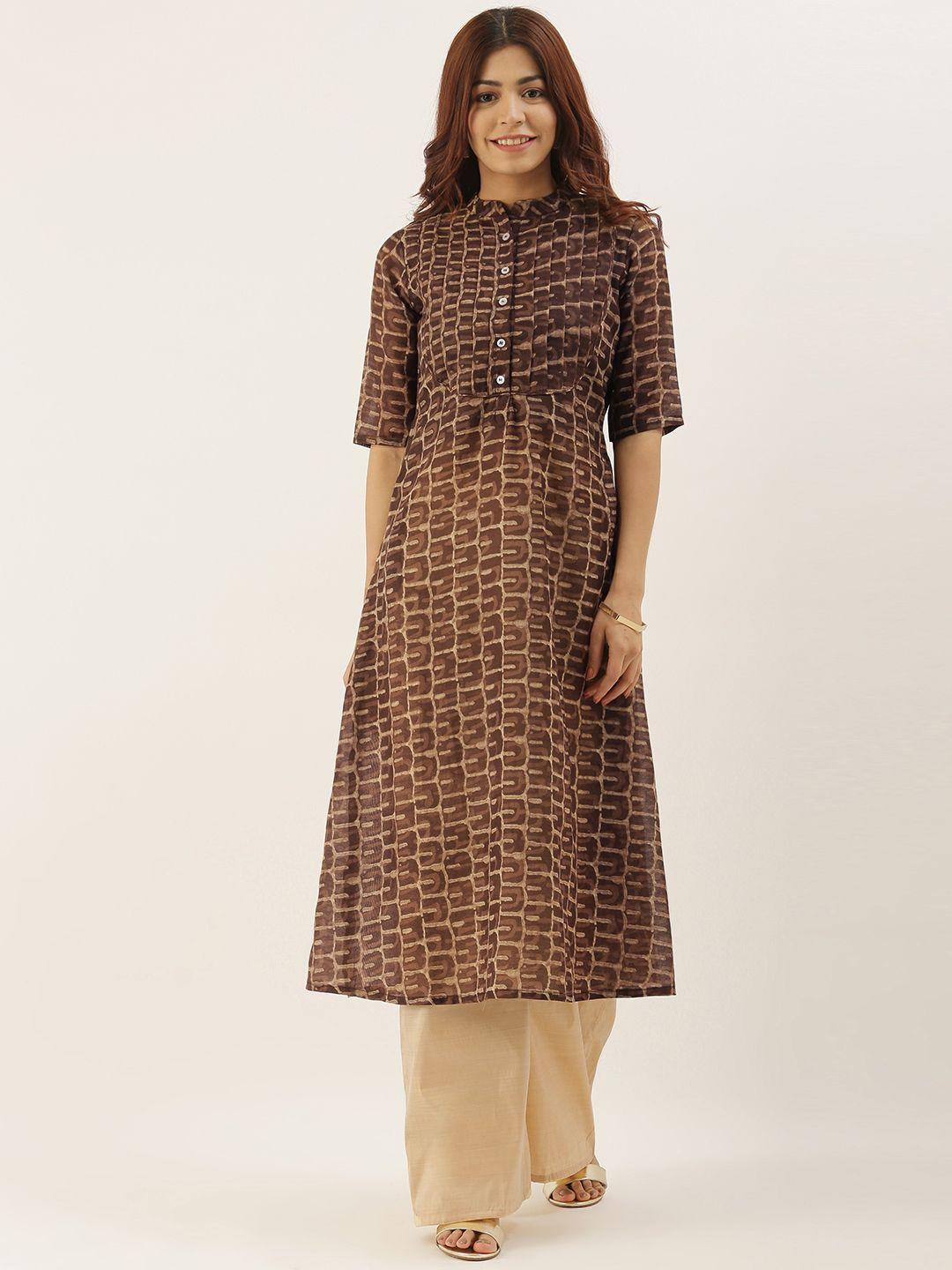 ethnovog women brown  beige printed made to measure a-line kurta