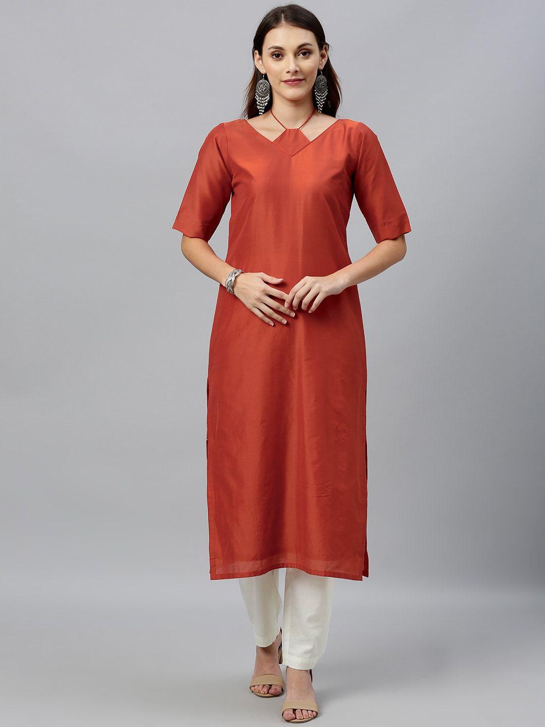 ethnovog women brown solid made to measure straight kurta