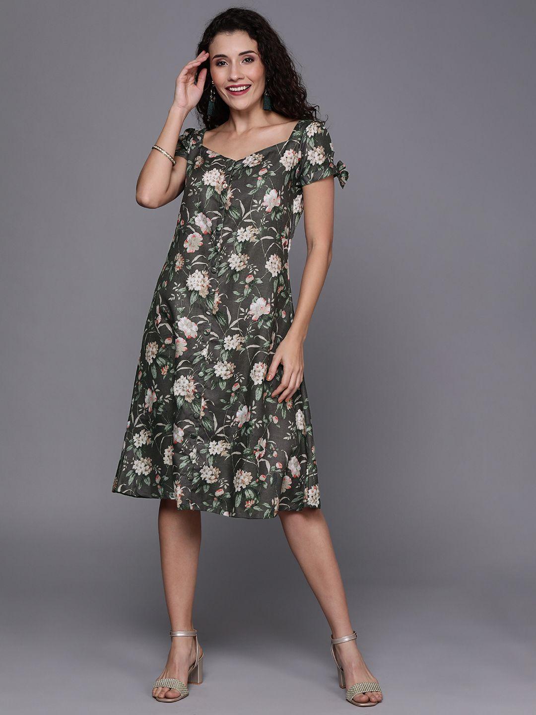 ethnovog women charcoal grey  green floral printed made to measure a-line dress