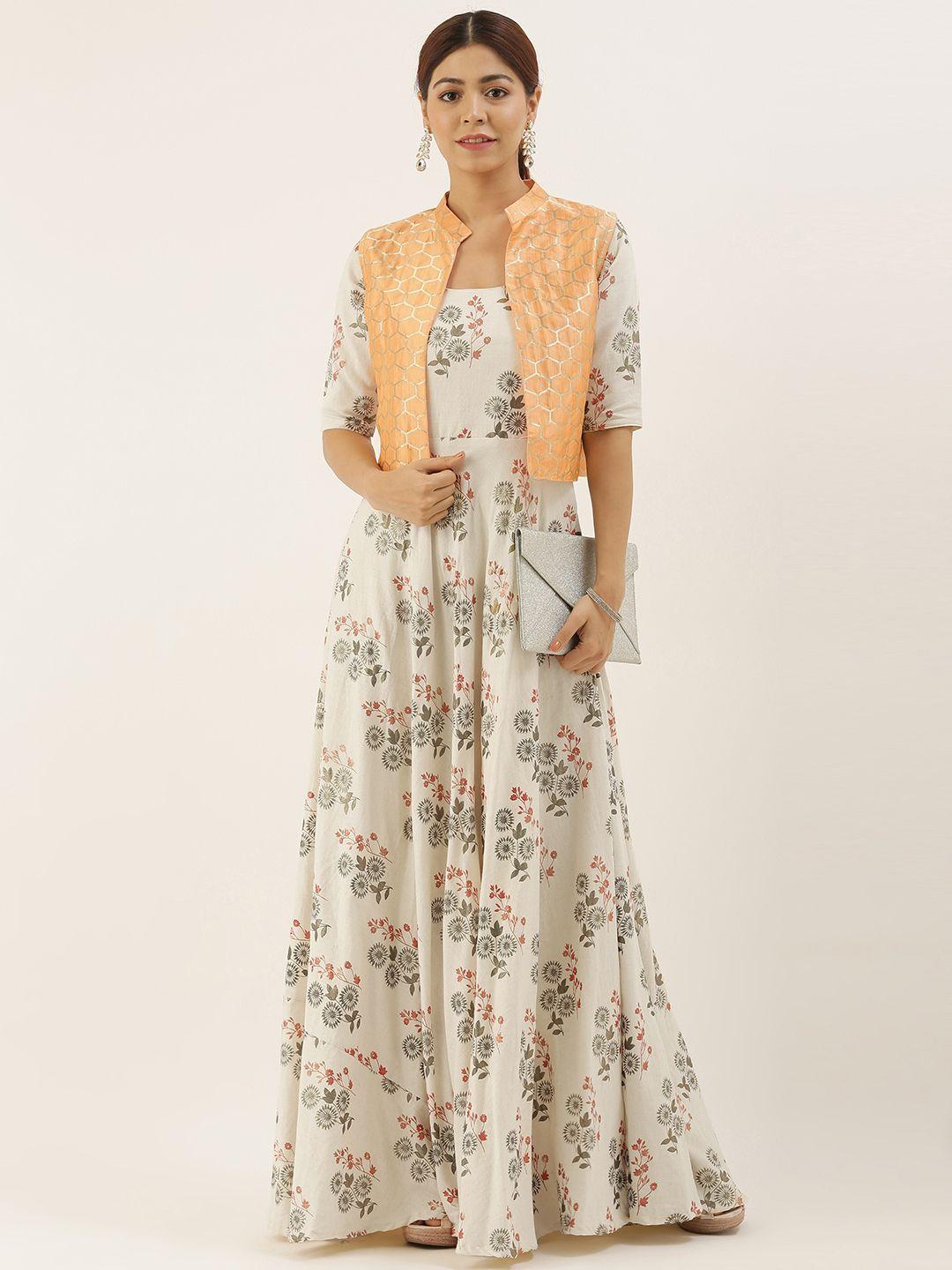 ethnovog women cream-coloured printed fit and flare dress