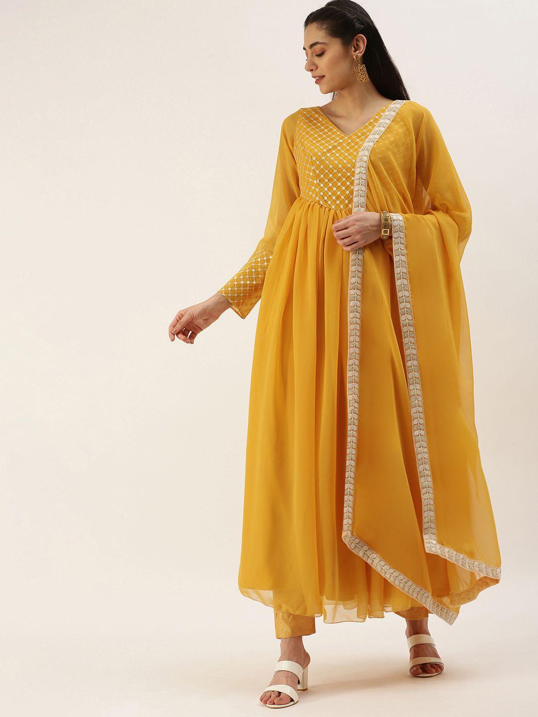 ethnovog women embroidered empire sequinned kurta with trousers  with dupatta