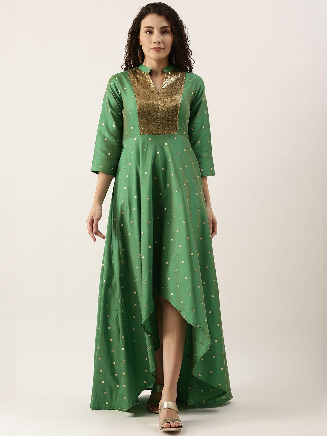ethnovog women green  golden embellished high-low maxi dress