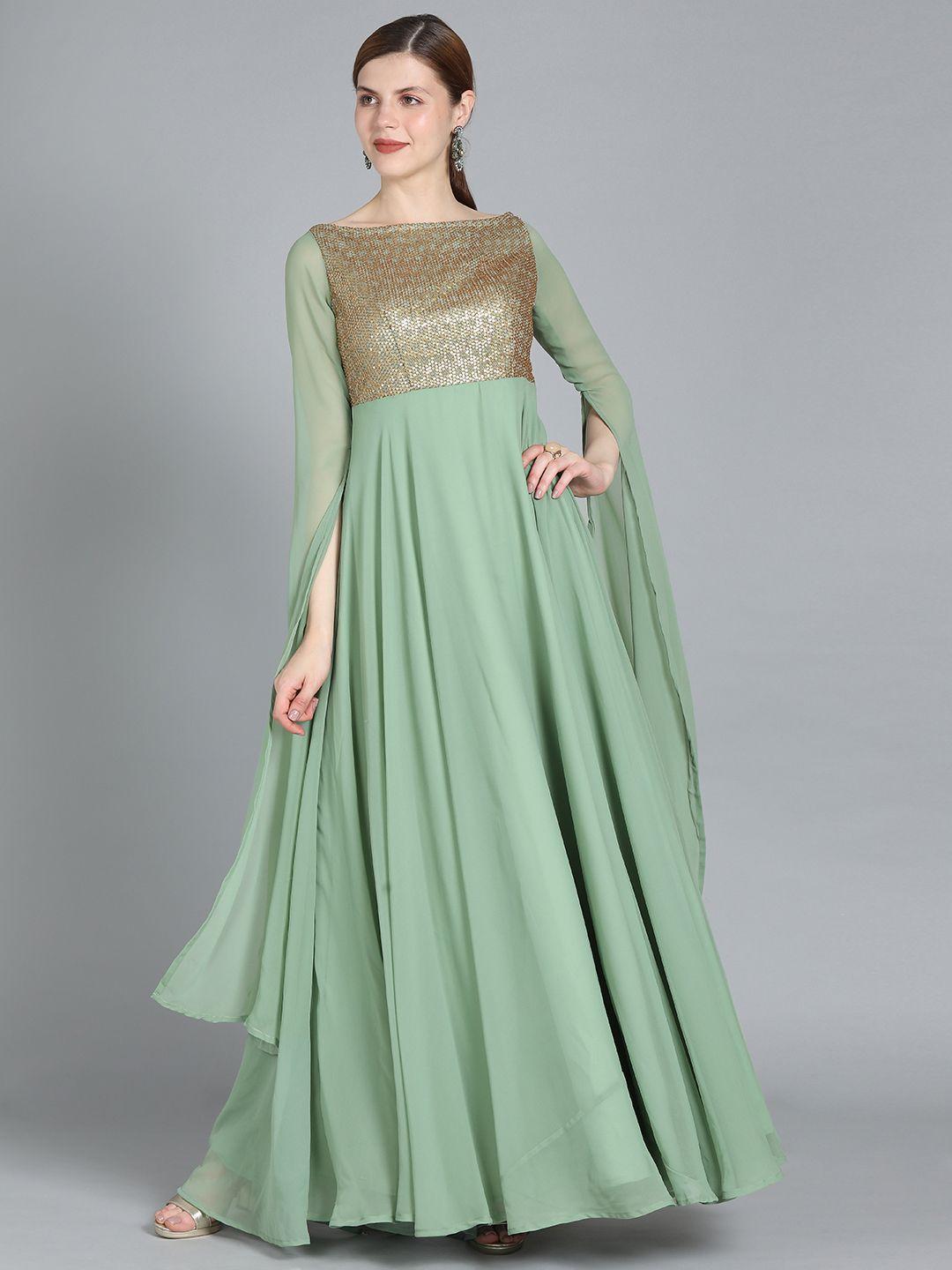 ethnovog women green embellished made to measure a-line dress