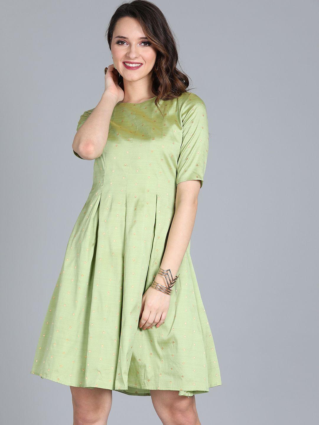 ethnovog women green woven design made to measure fit and flare dress