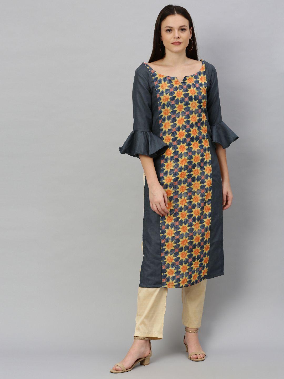 ethnovog women grey  mustard yellow printed made to measure straight kurta