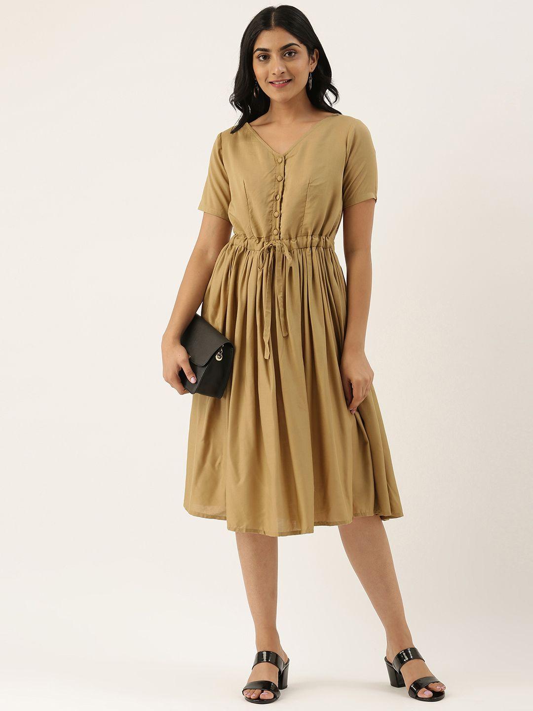 ethnovog women khaki brown solid made to measure fit and flare dress