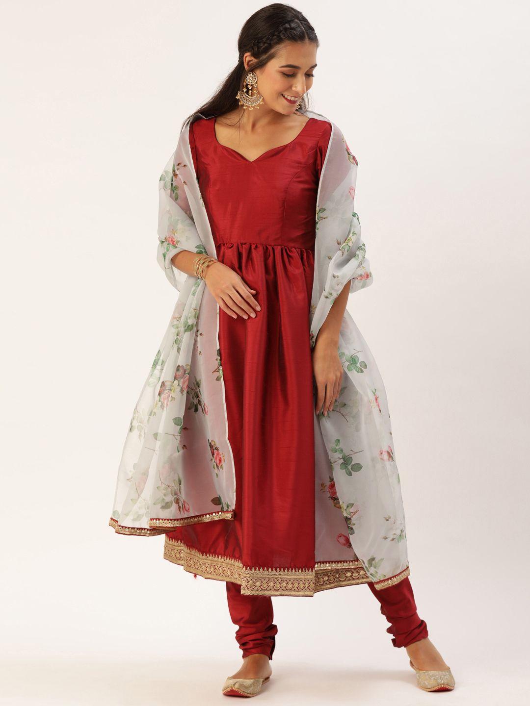 ethnovog women maroon made to measure kurta with churidar  with dupatta