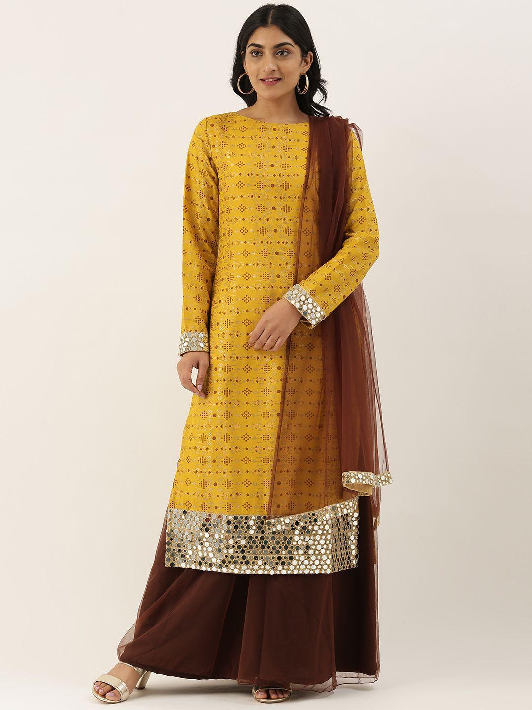 ethnovog women mustard yellow  brown printed kurta with palazzos  dupatta