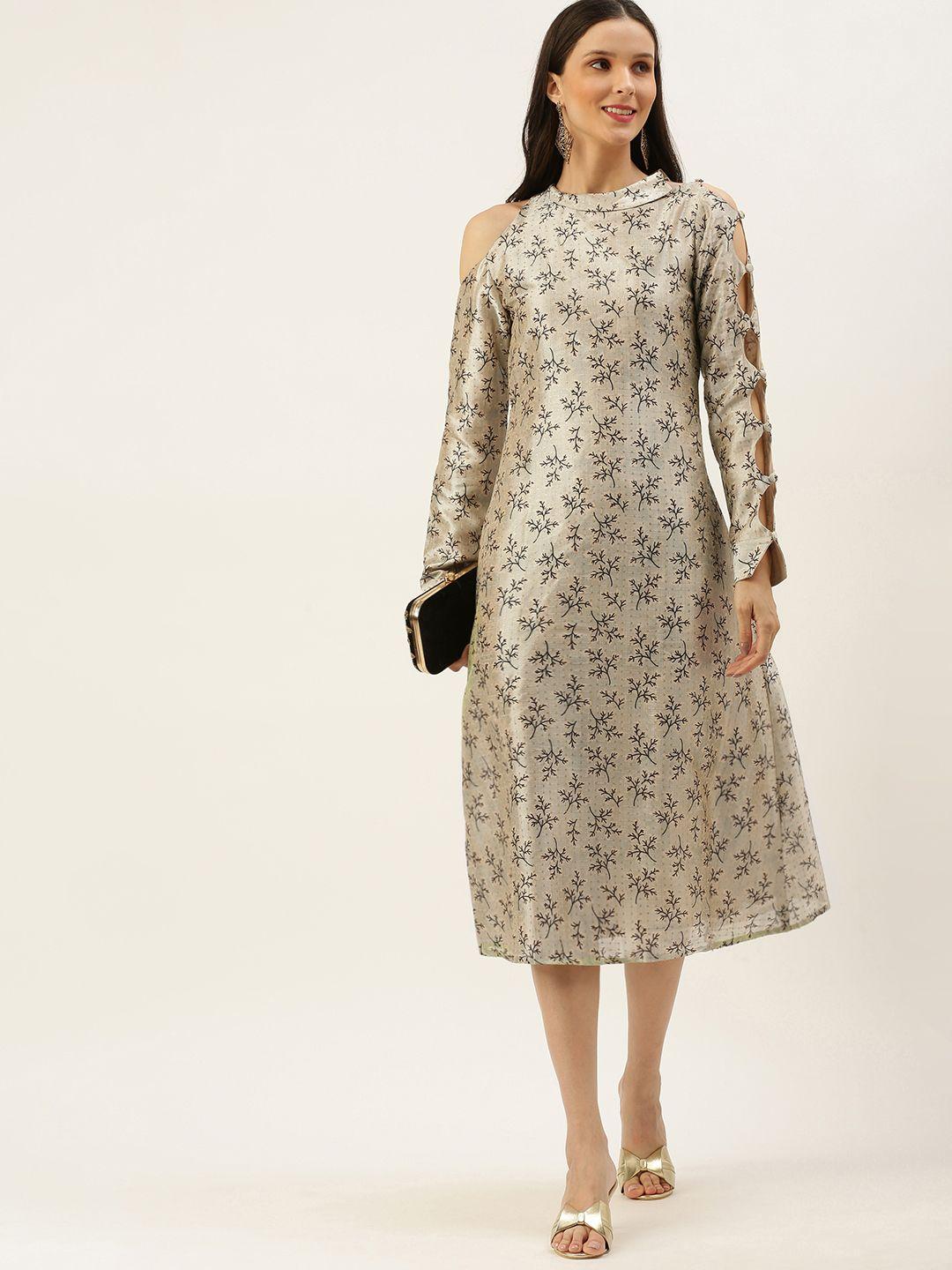 ethnovog women off white  brown floral print a-line made to measure dress