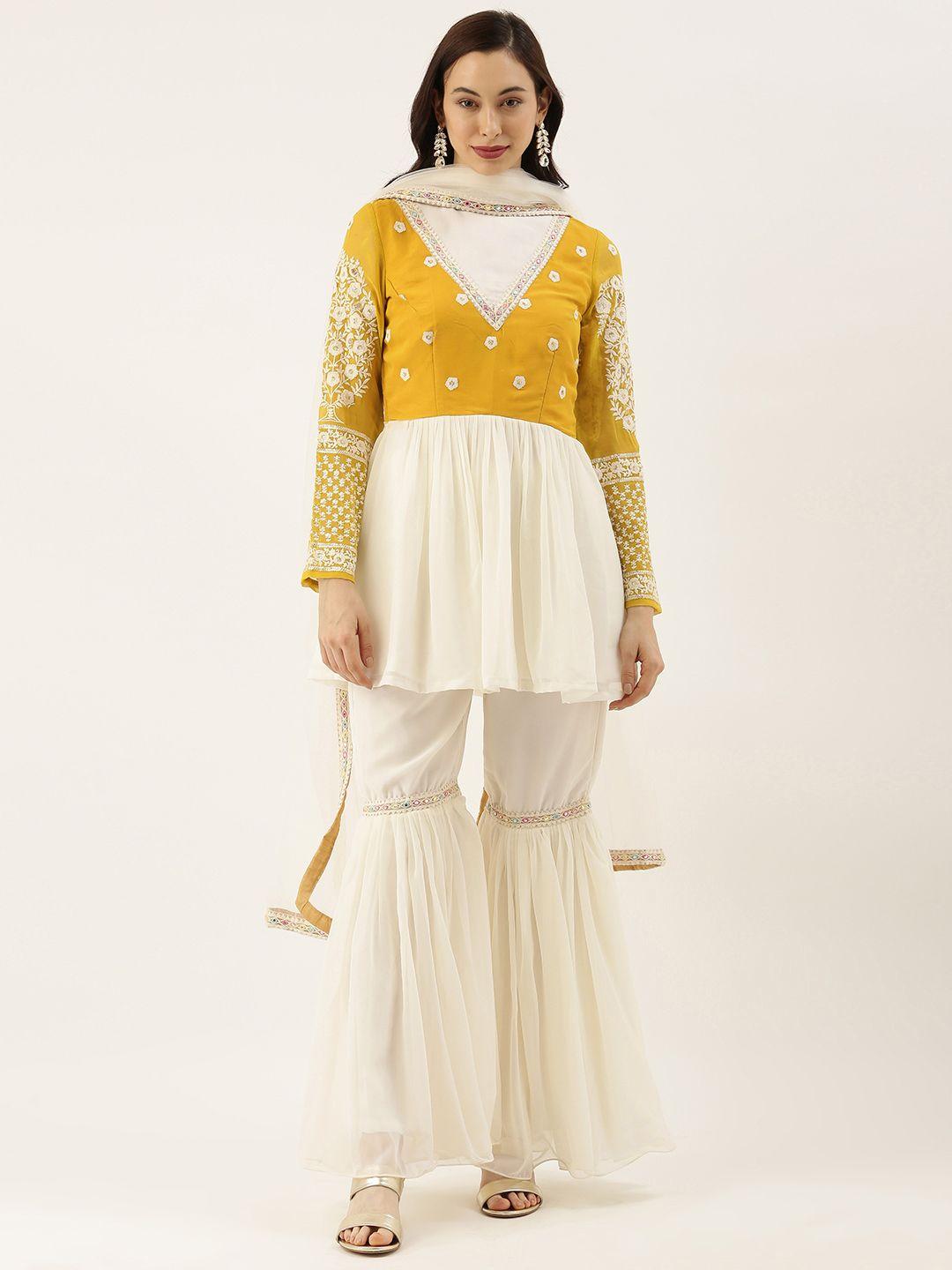 ethnovog women off-white  mustard yellow made to measure embroidered kurta set