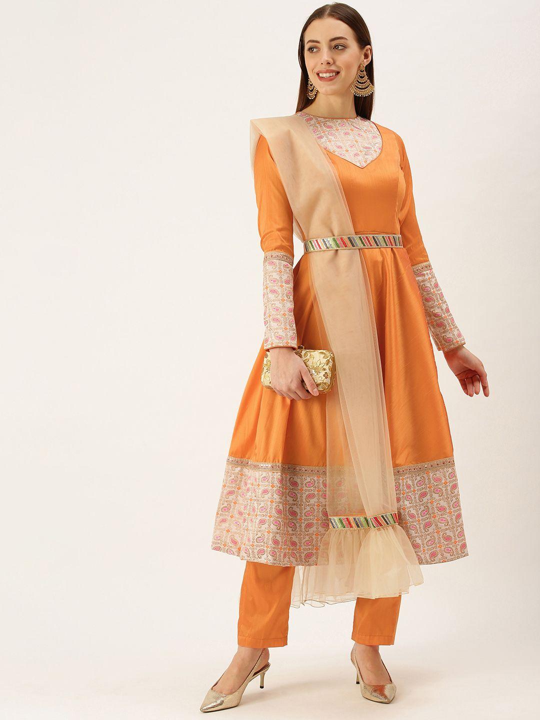ethnovog women orange  off-white self design kurta with trousers  dupatta