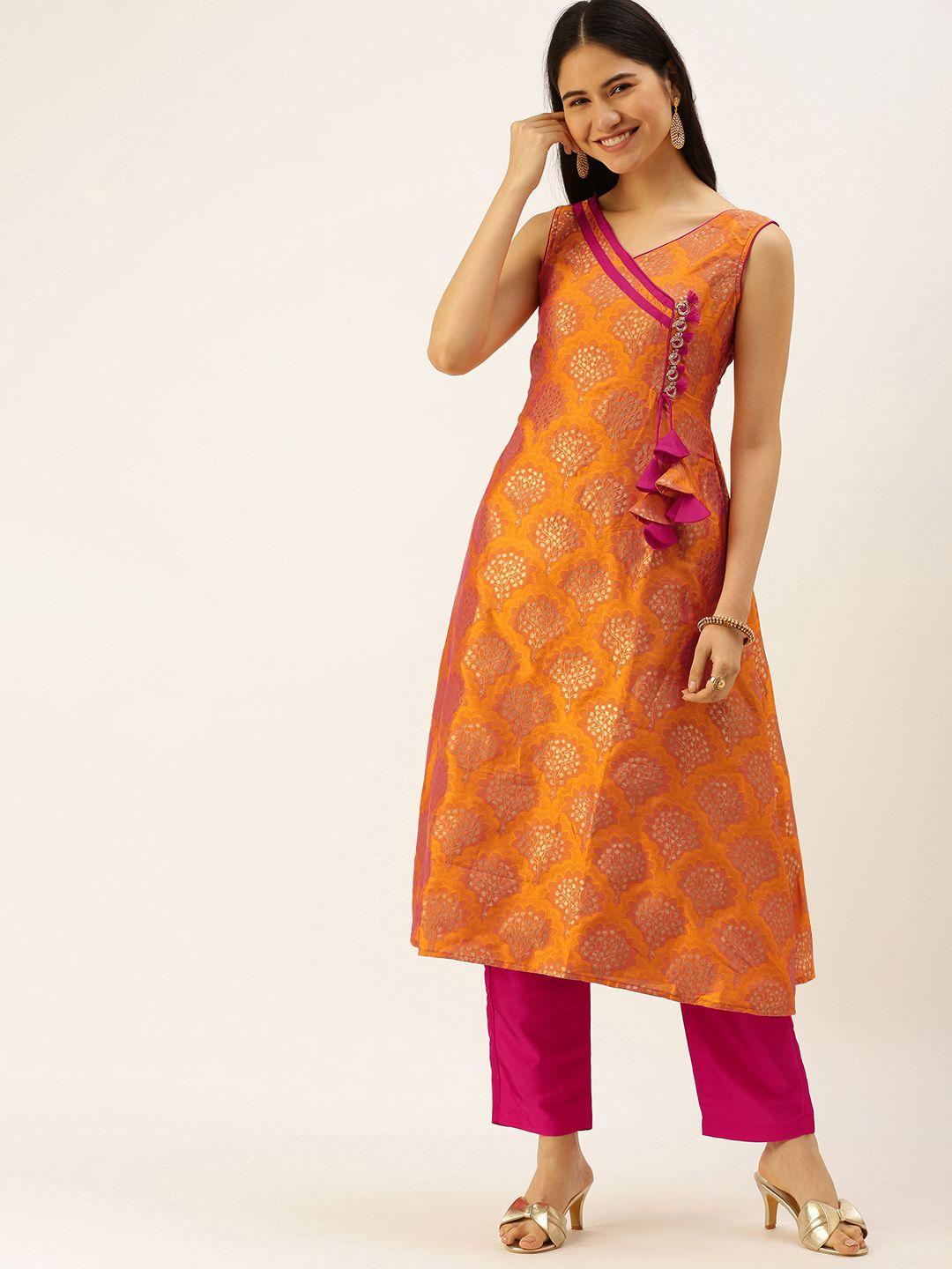 ethnovog women orange ethnic motifs printed angrakha kurta with trousers