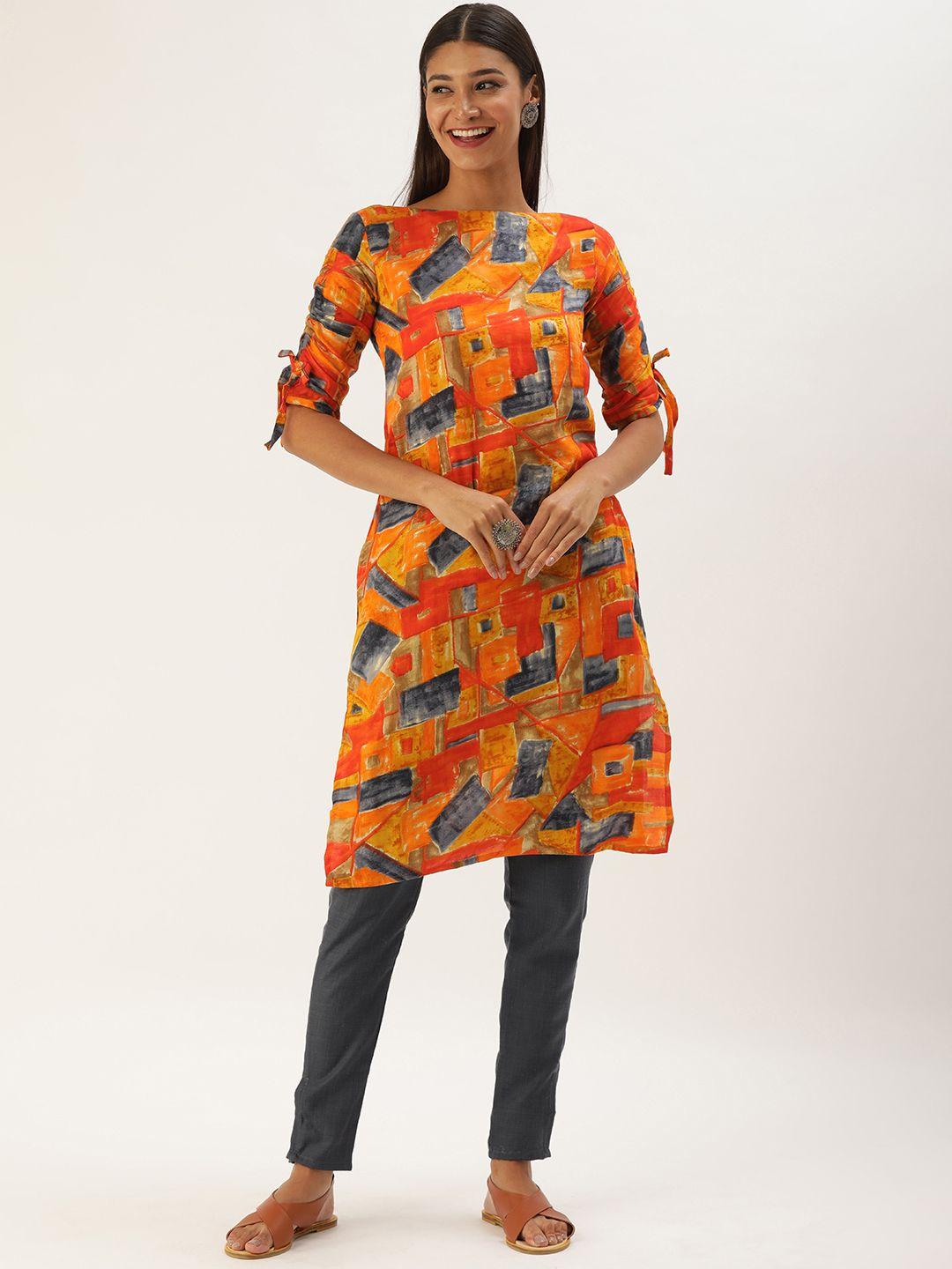 ethnovog women orange printed kurta with trousers