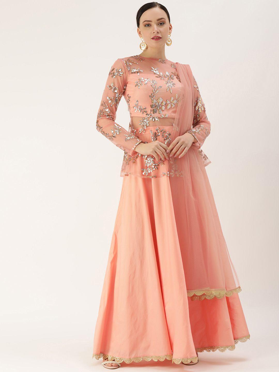 ethnovog women peach-coloured  golden made to measure lehenga choli with dupatta