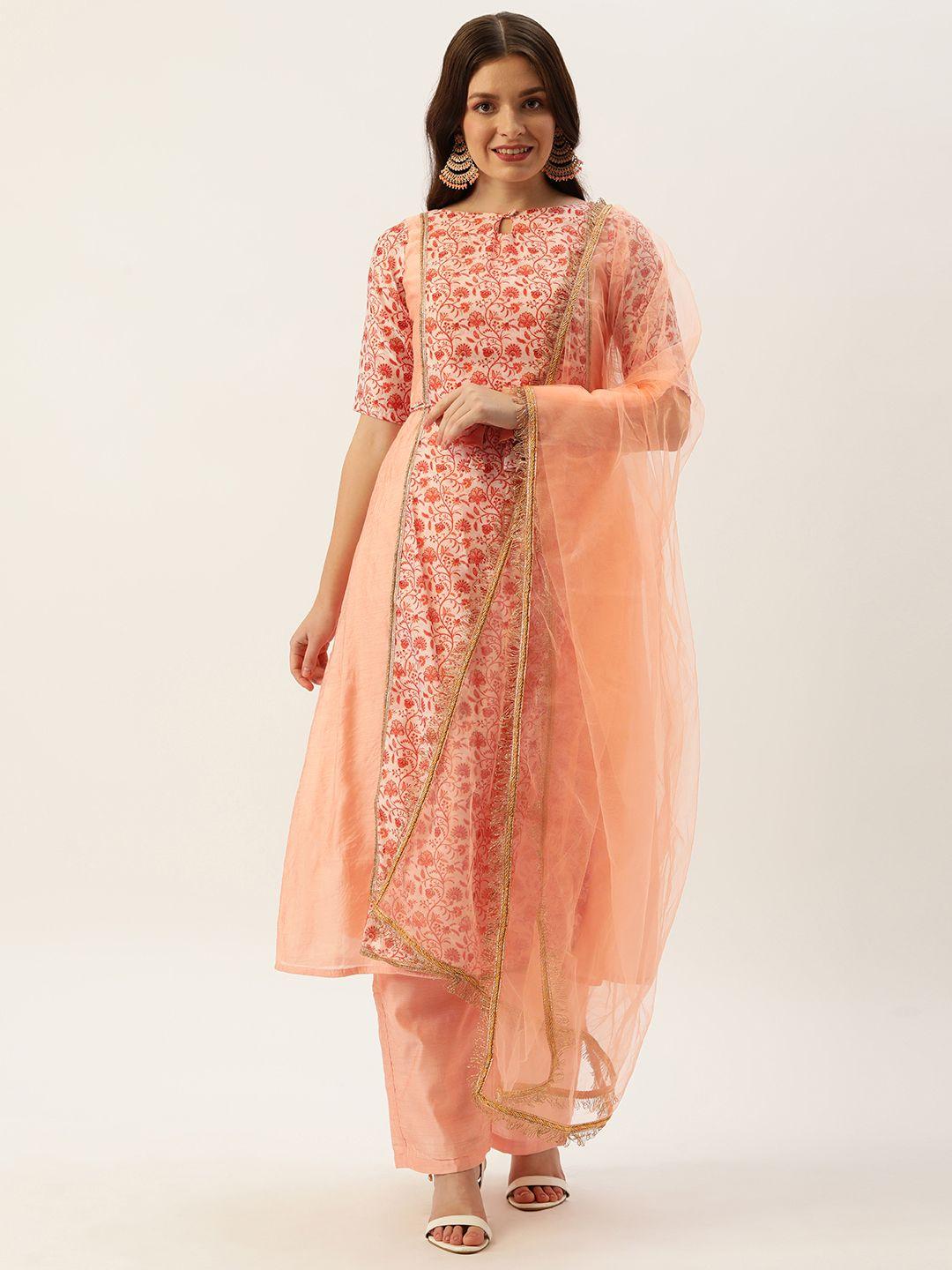ethnovog women peach-coloured floral made to measure kurta with trousers  with dupatta