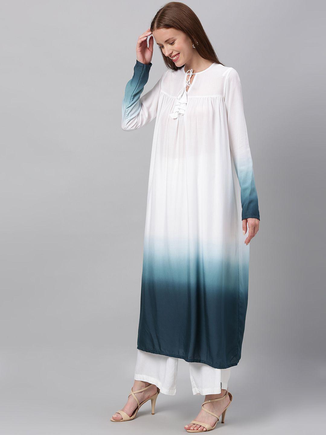 ethnovog women white  blue dyed made to measure a-line kurta