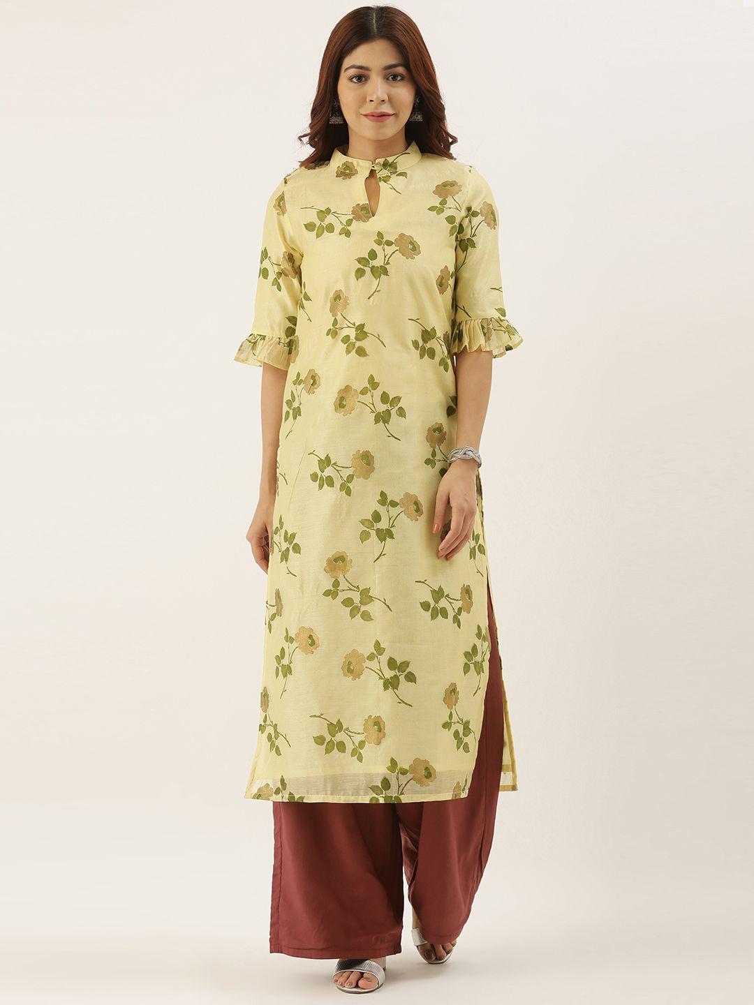 ethnovog women yellow  green floral foil printed made to measure straight kurta