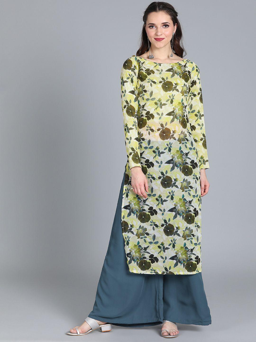 ethnovog women yellow  grey printed made to measure kurta with palazzos