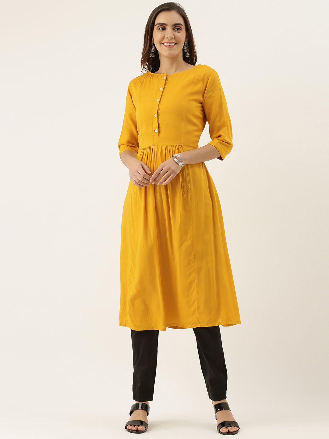 ethnovog women yellow solid  tencel high neck a-line  made to measure kurta