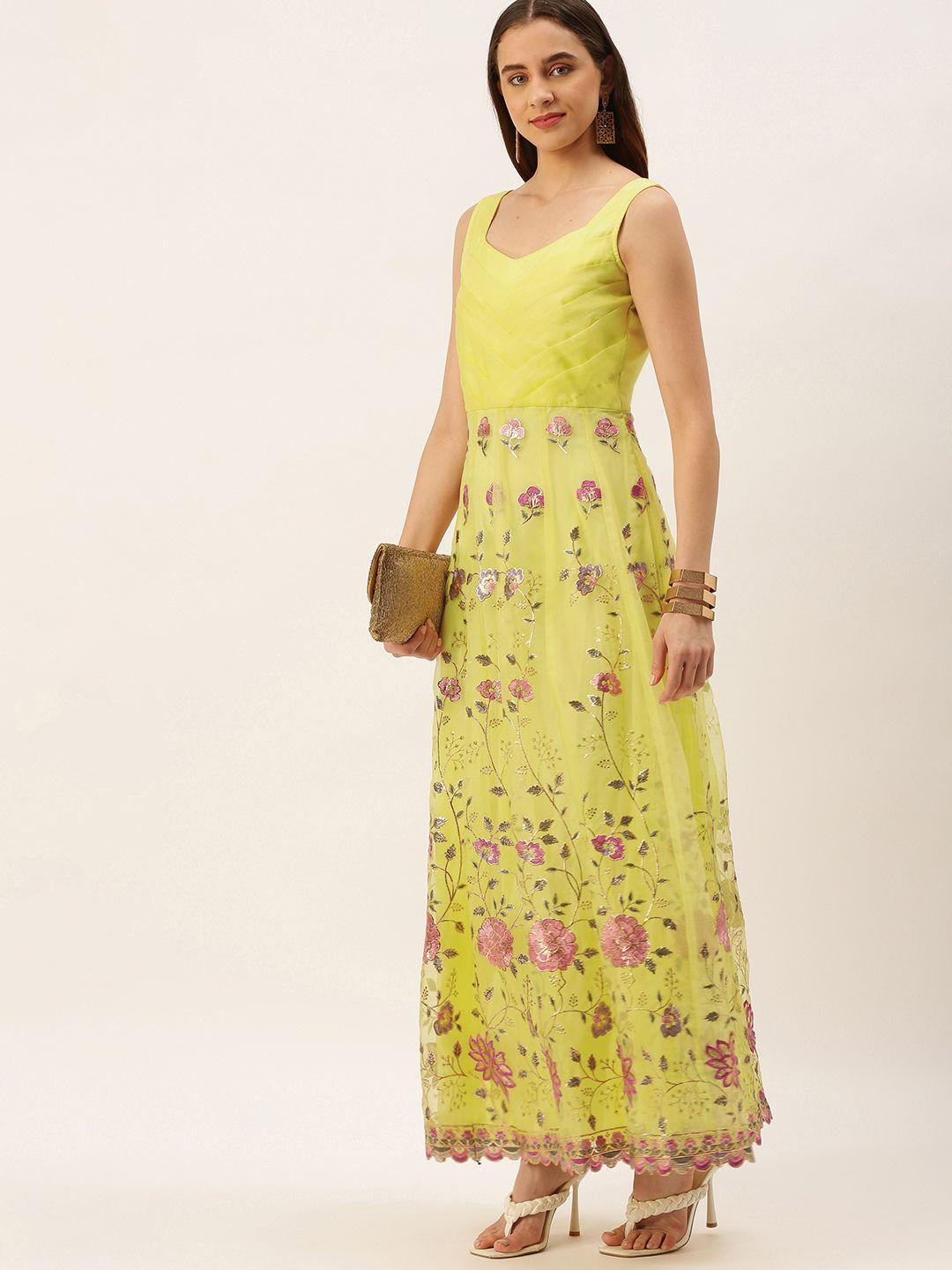 ethnovog yellow & pink floral embroidered ethnic maxi dress